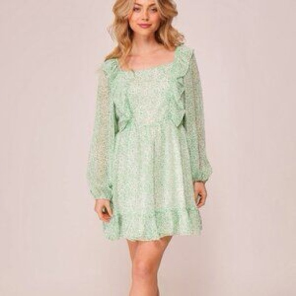 Lumiere Green Ruffled Tiered Sundress with Bishop Sleeves - Picture 1 of 5